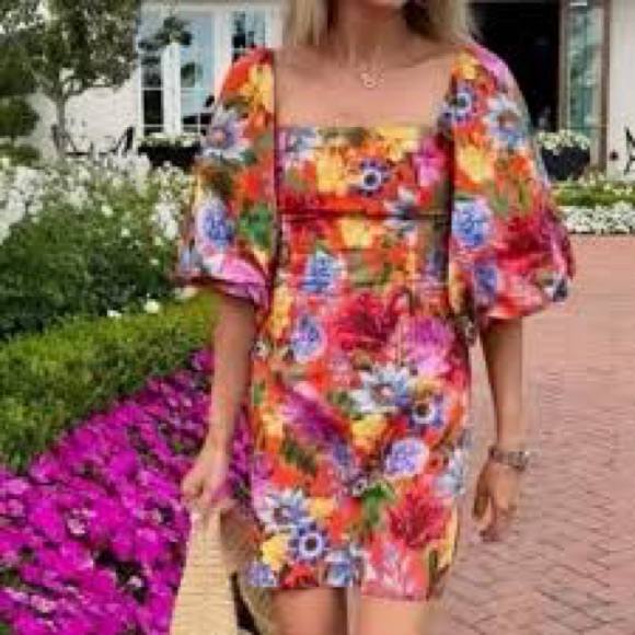 Cara Cara Orange Multicolor Floral Puff-Sleeve Mini Dress